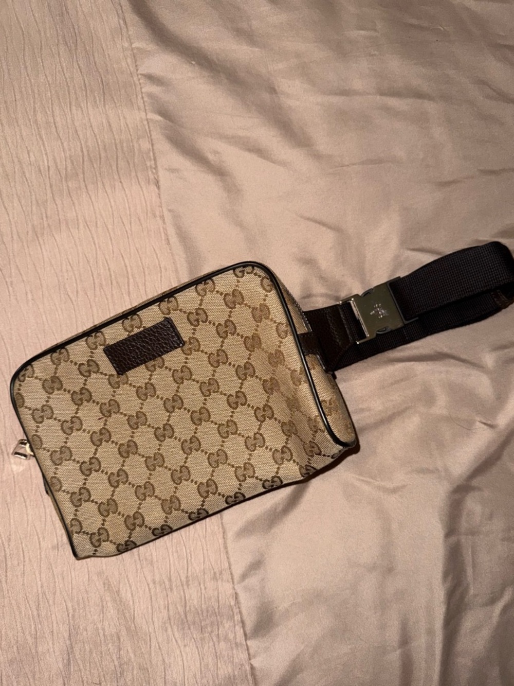 Gucci Beige Monogram Belt Bag with Dark Brown Trim
